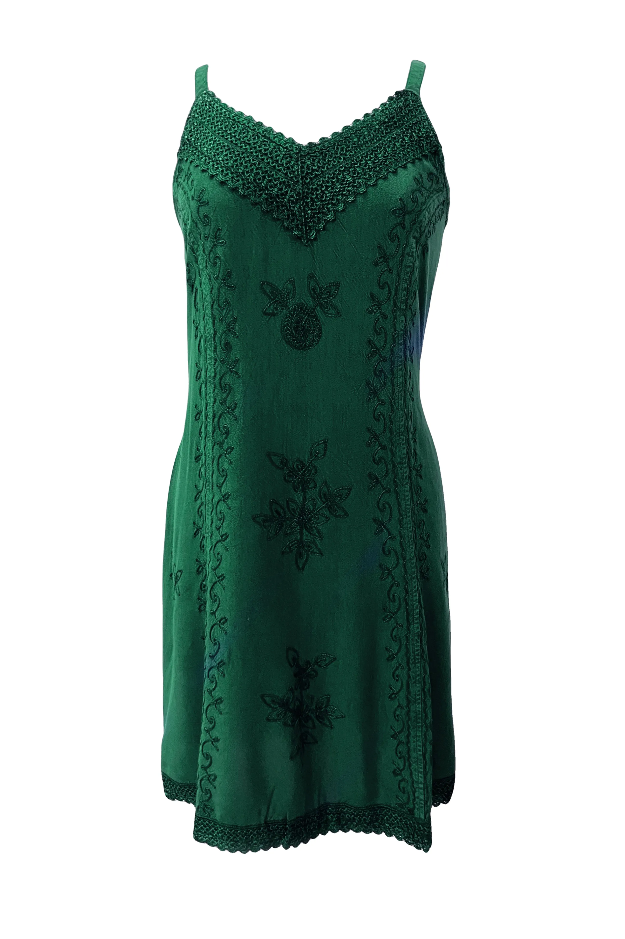 18 6020 DR Bohemian Medieval Spaghetti Strap V-Neckline Embroidered Mid Calf Dress