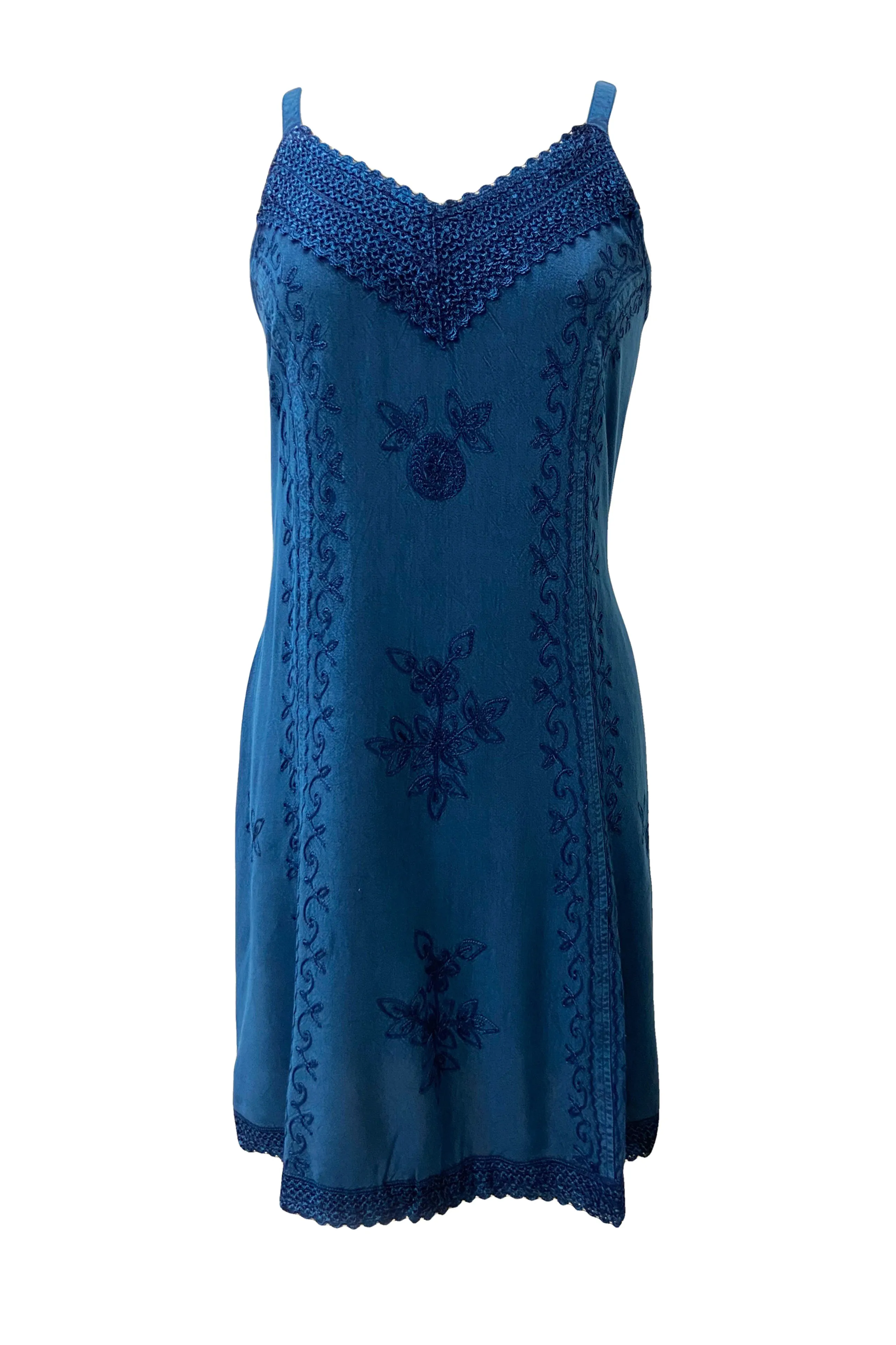 18 6020 DR Bohemian Medieval Spaghetti Strap V-Neckline Embroidered Mid Calf Dress