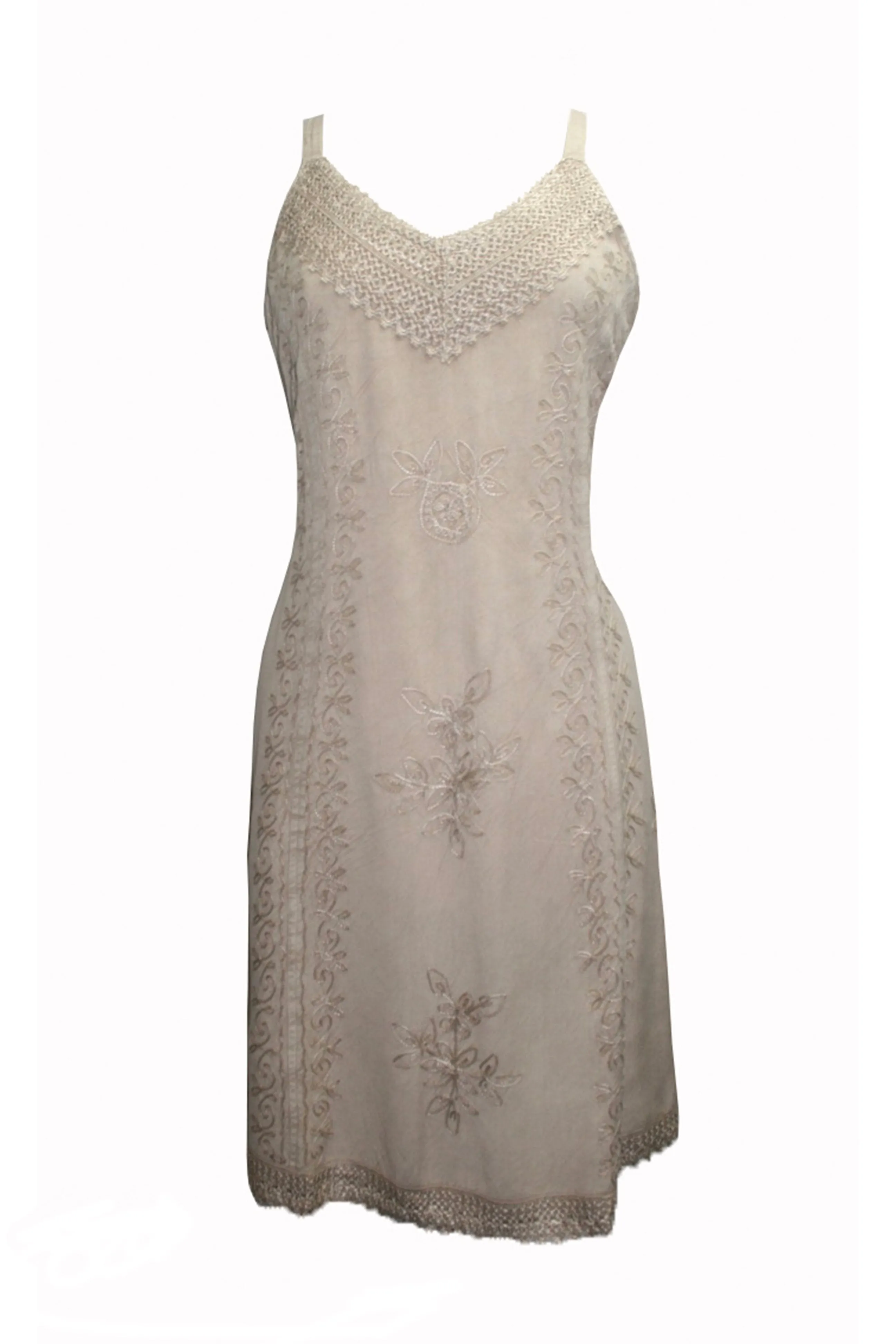 18 6020 DR Bohemian Medieval Spaghetti Strap V-Neckline Embroidered Mid Calf Dress