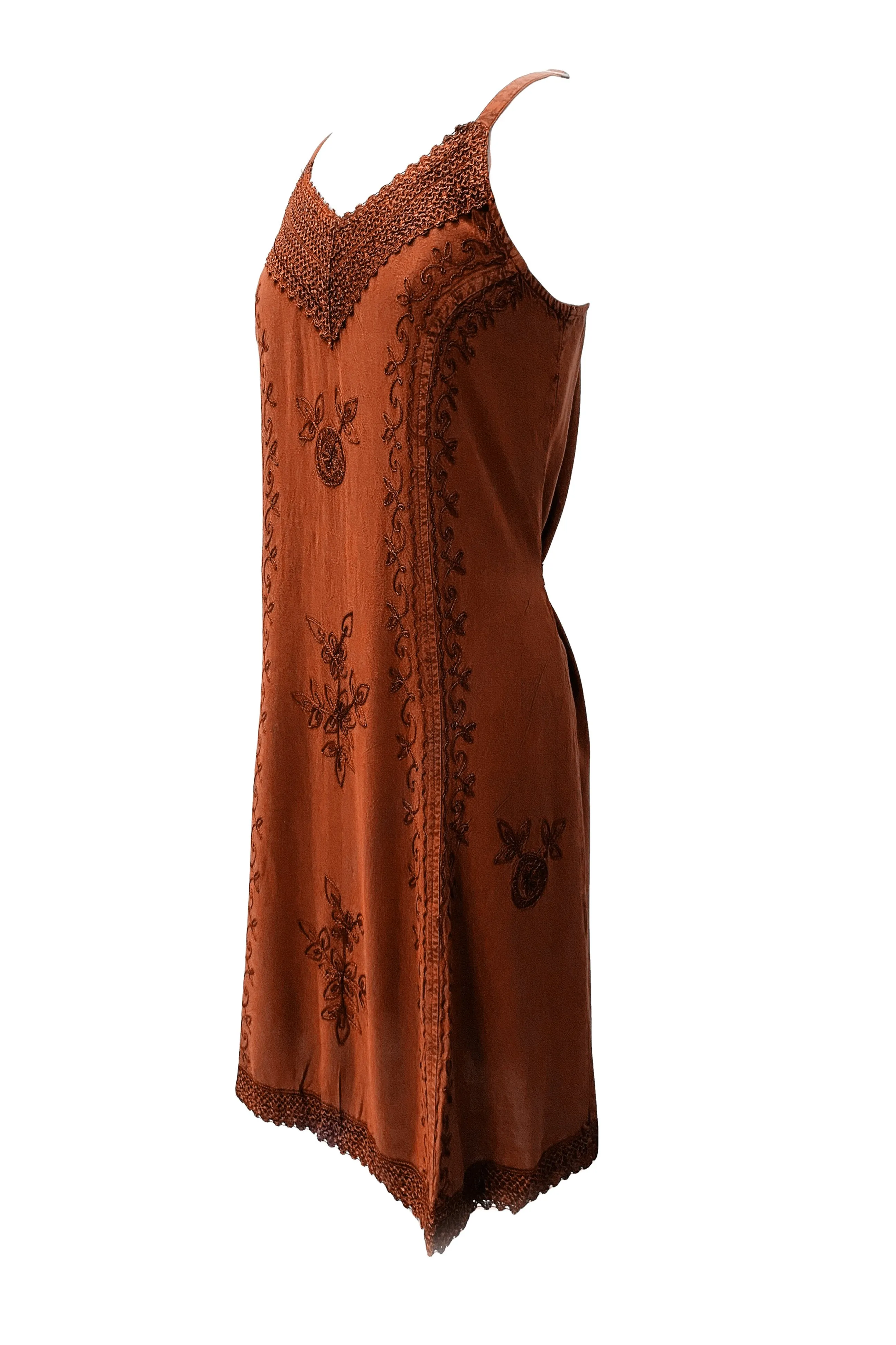 18 6020 DR Bohemian Medieval Spaghetti Strap V-Neckline Embroidered Mid Calf Dress
