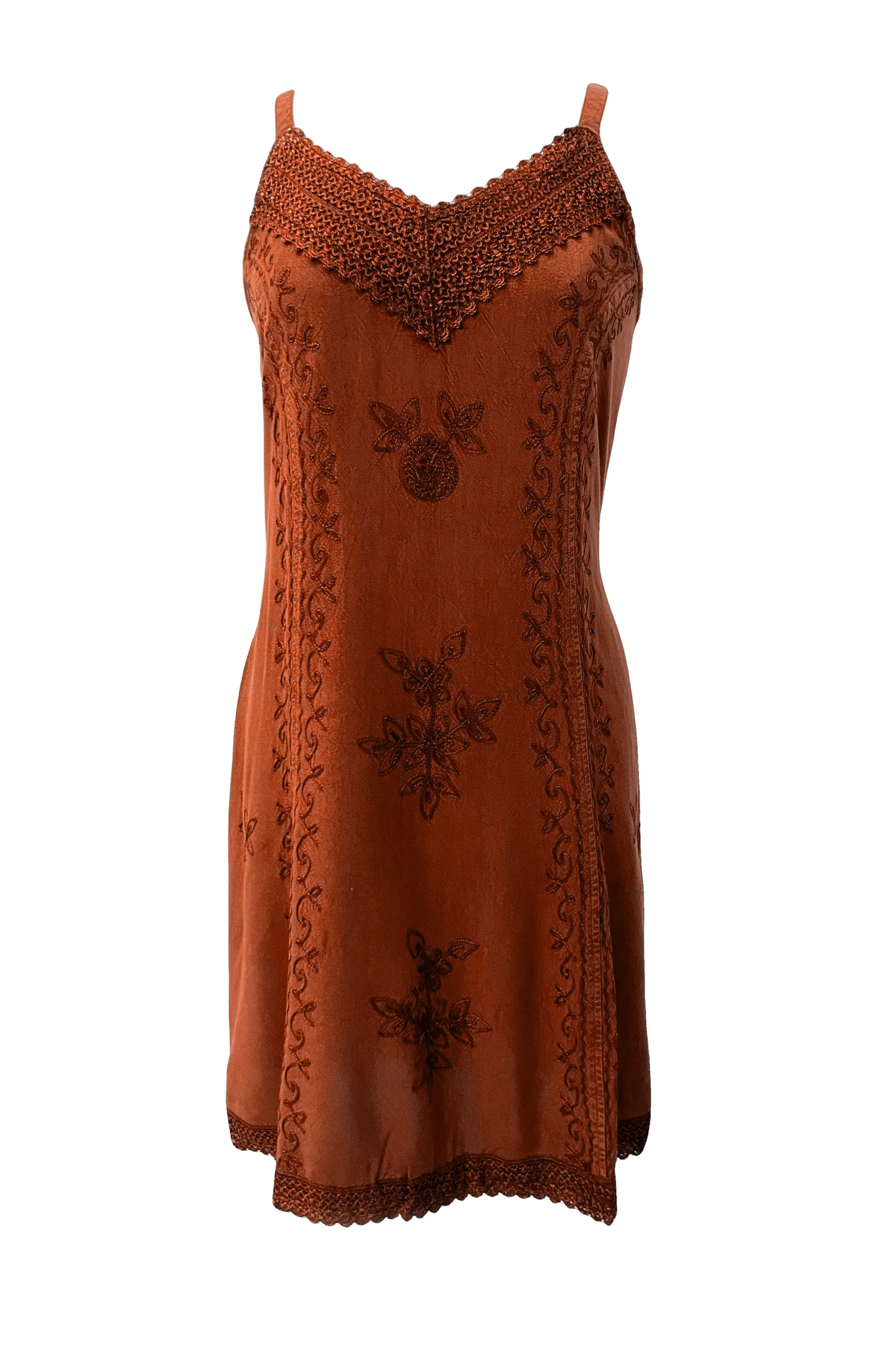 18 6020 DR Bohemian Medieval Spaghetti Strap V-Neckline Embroidered Mid Calf Dress