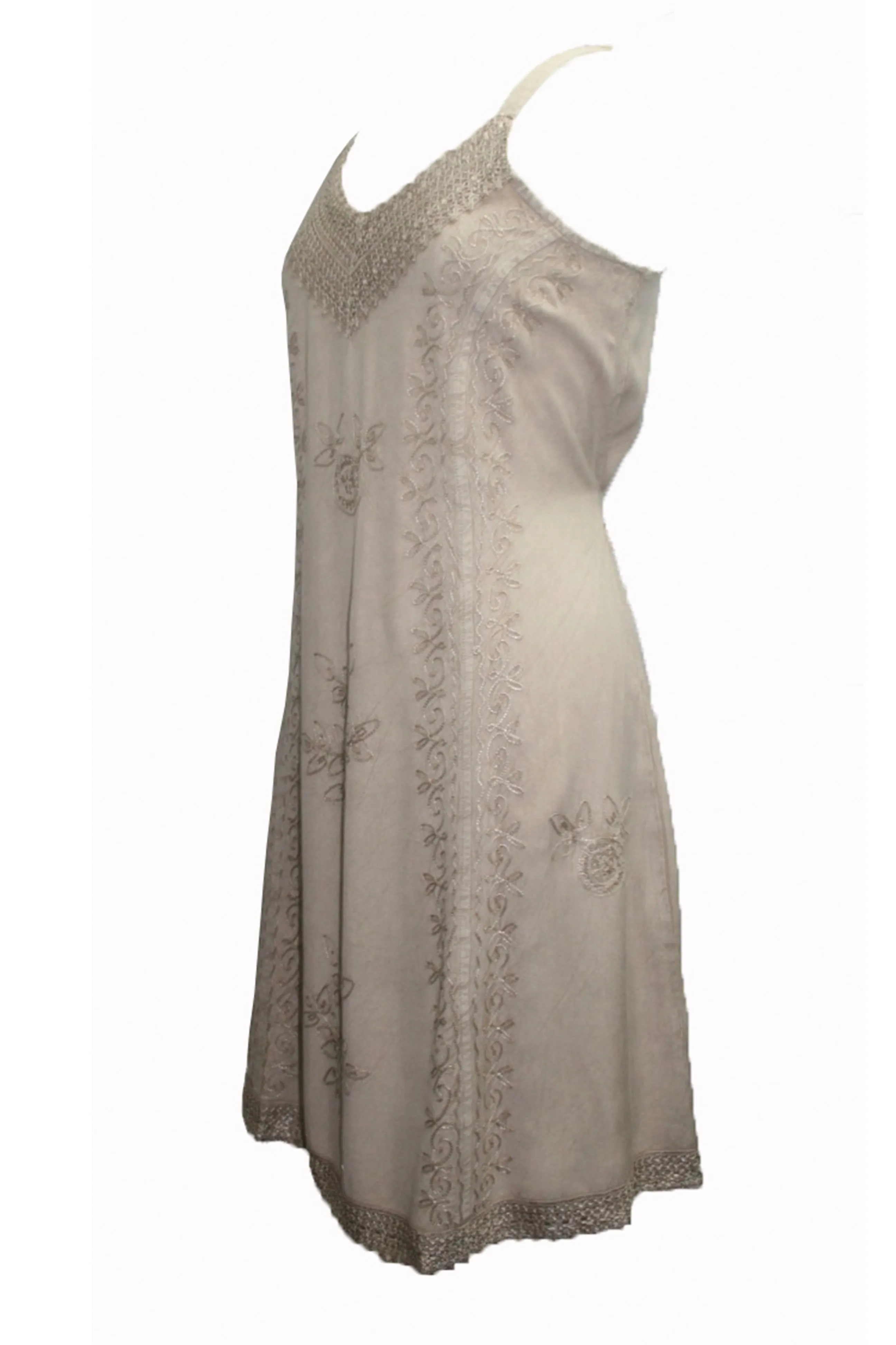 18 6020 DR Bohemian Medieval Spaghetti Strap V-Neckline Embroidered Mid Calf Dress