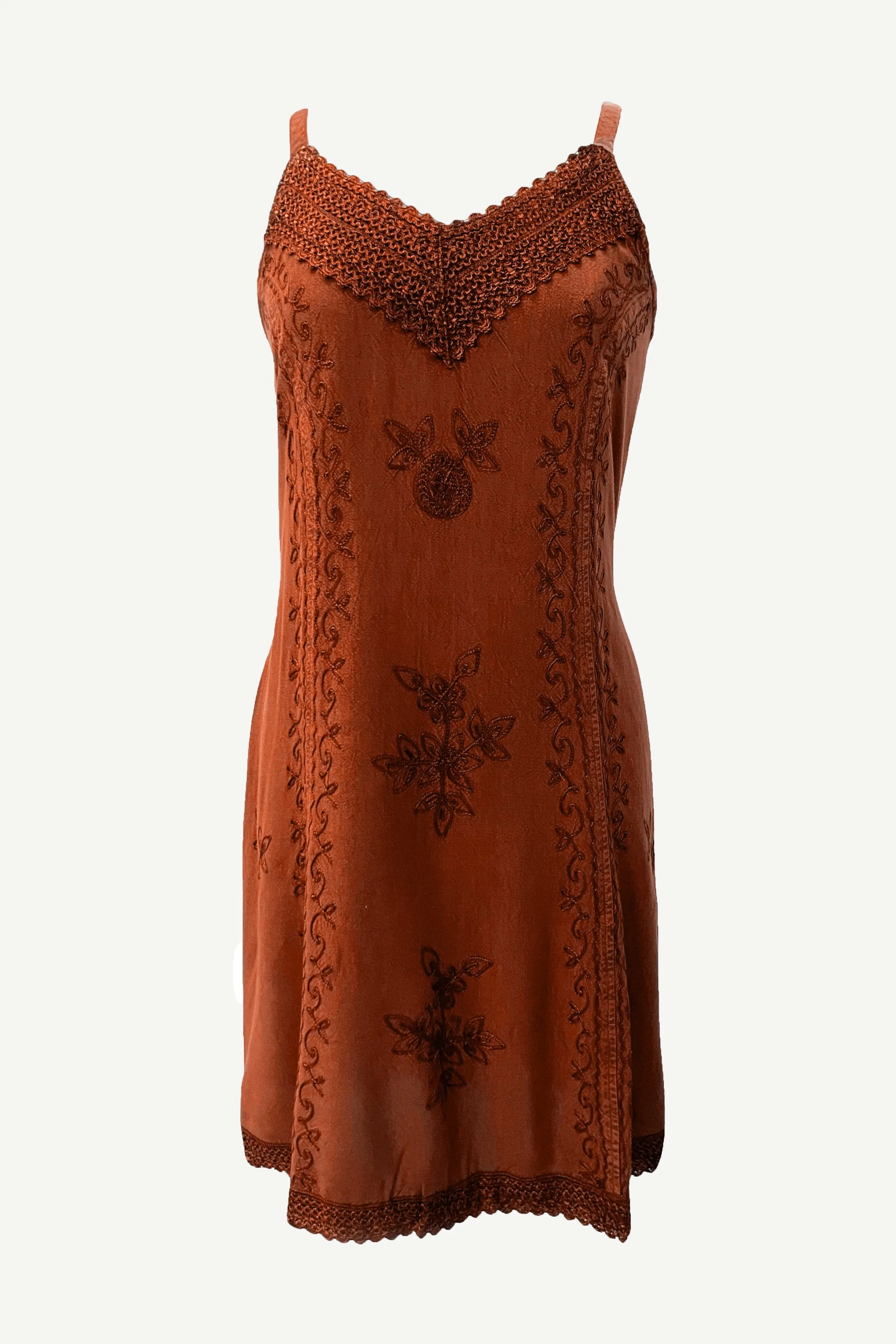 18 6020 DR Bohemian Medieval Spaghetti Strap V-Neckline Embroidered Mid Calf Dress