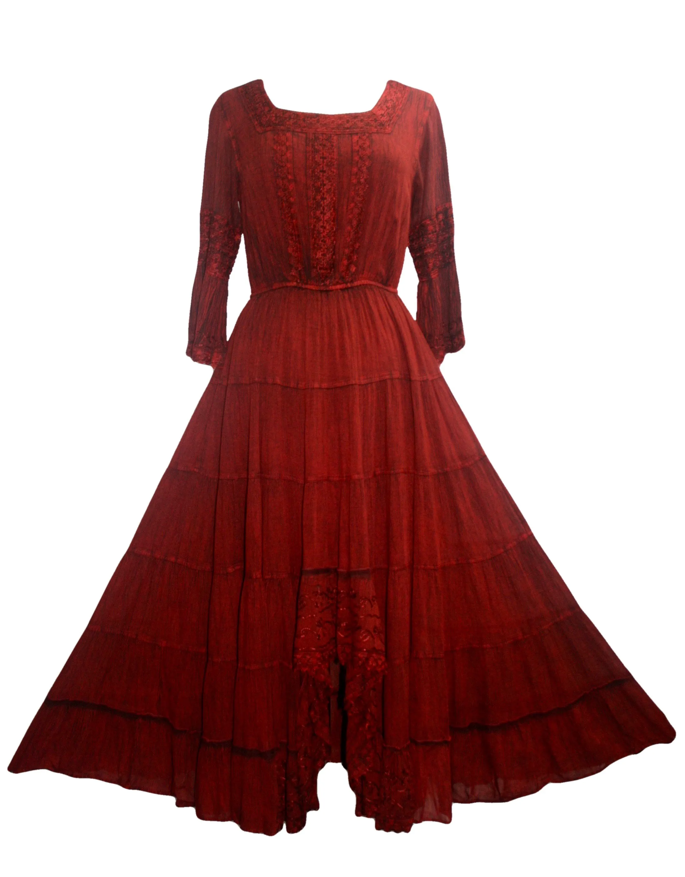 18 6022 DR Vintage Medieval Crepe High-Low Tier Lace Square Neckline Dress Gown