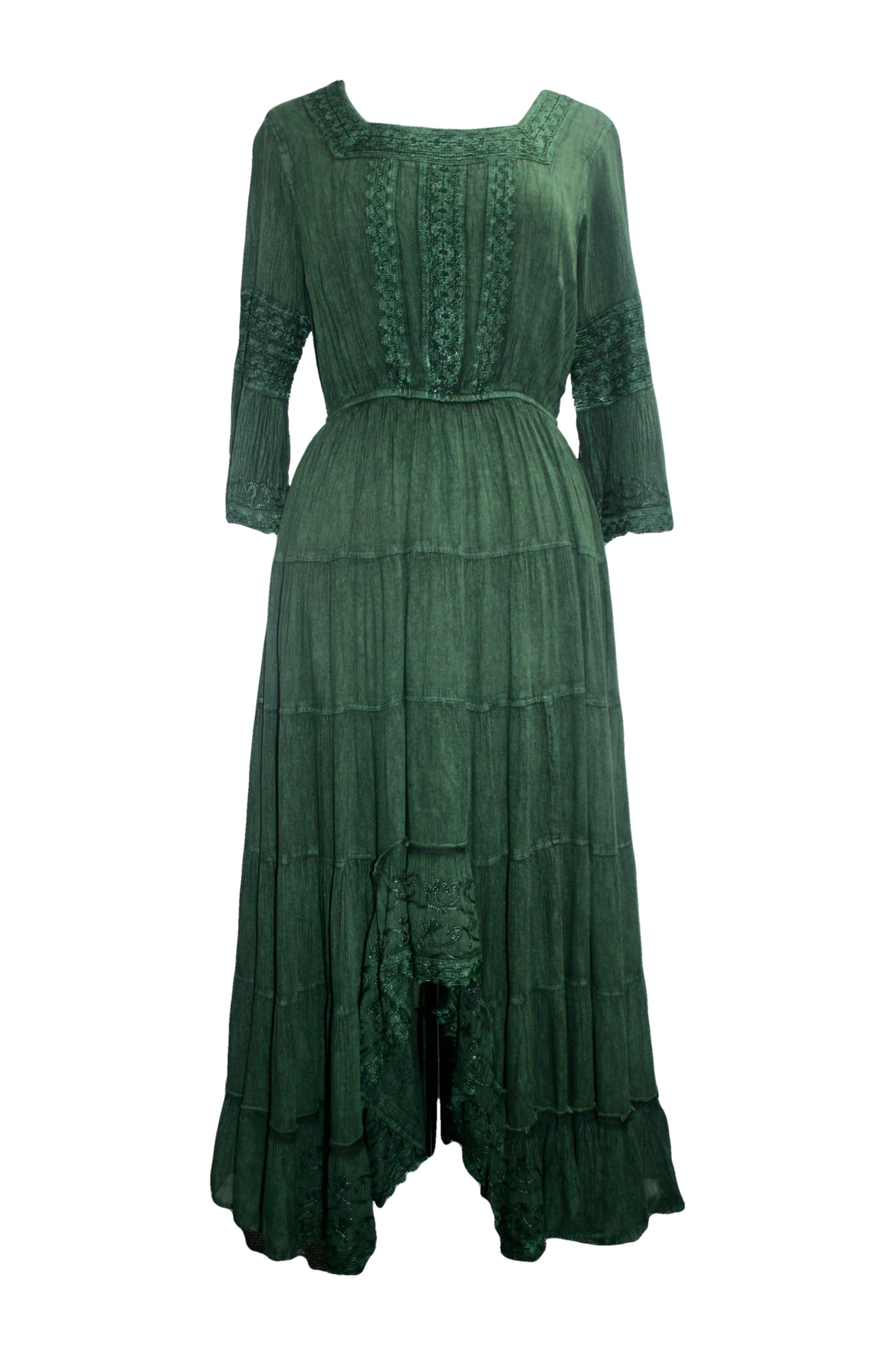 18 6022 DR Vintage Medieval Crepe High-Low Tier Lace Square Neckline Dress Gown