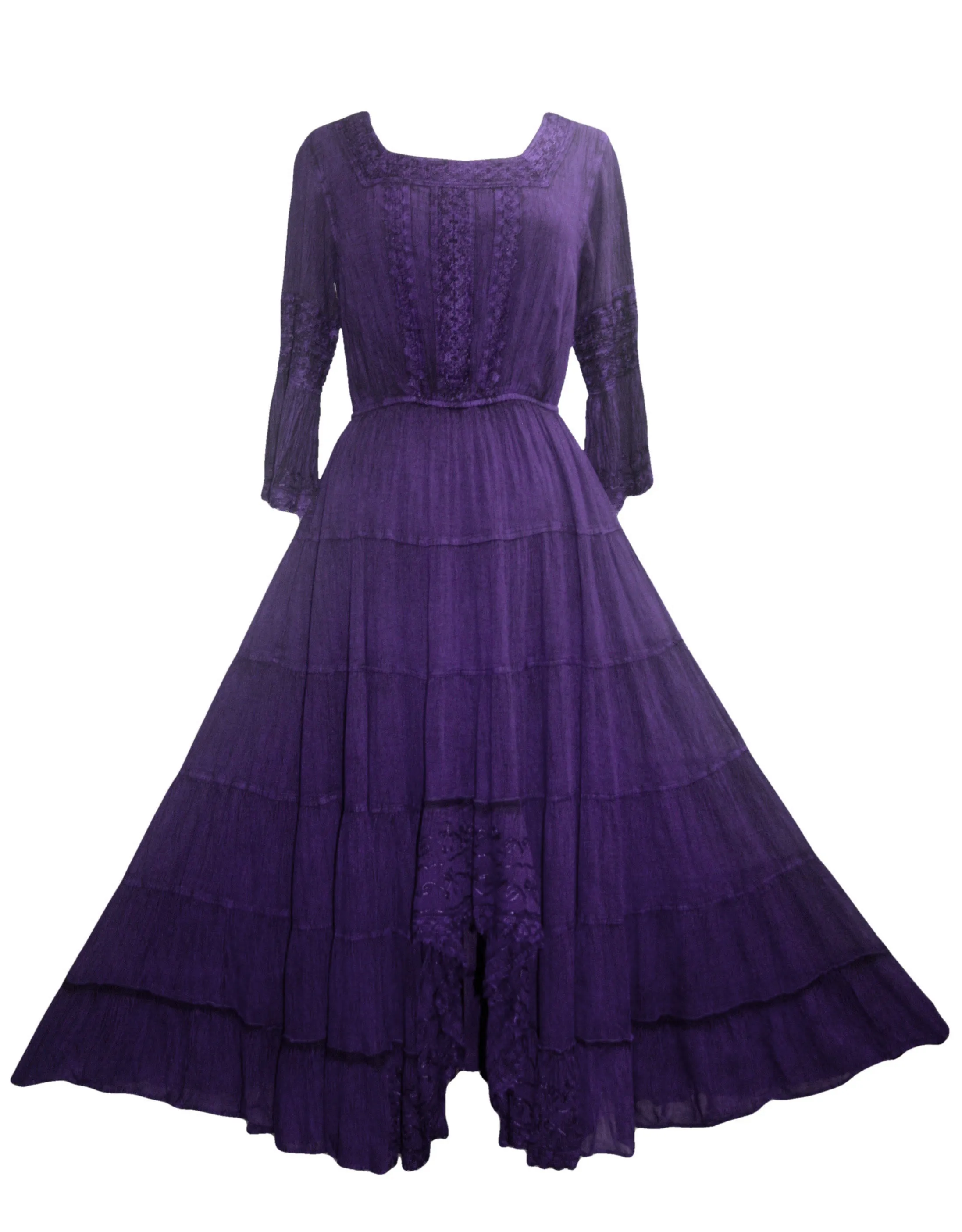 18 6022 DR Vintage Medieval Crepe High-Low Tier Lace Square Neckline Dress Gown