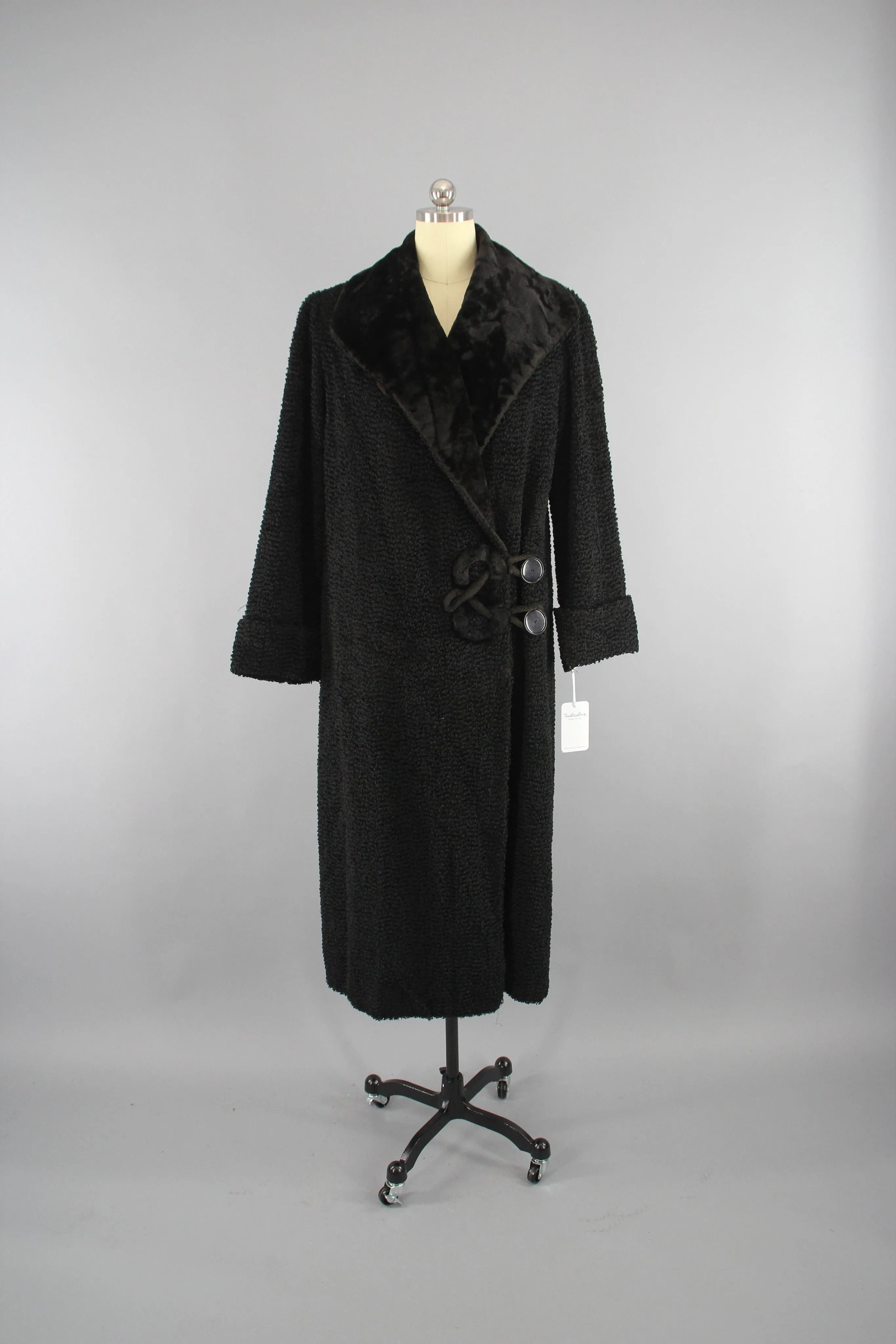 Vintage 1910s Edwardian Black Persian Lamb Coat with Curly Fur - Antique Fashion