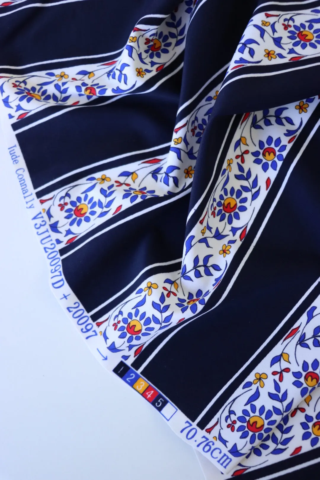 1YD PRECUT; Flower Stencil & Navy Stripe Nylon Spandex Tricot | Designer Deadstock