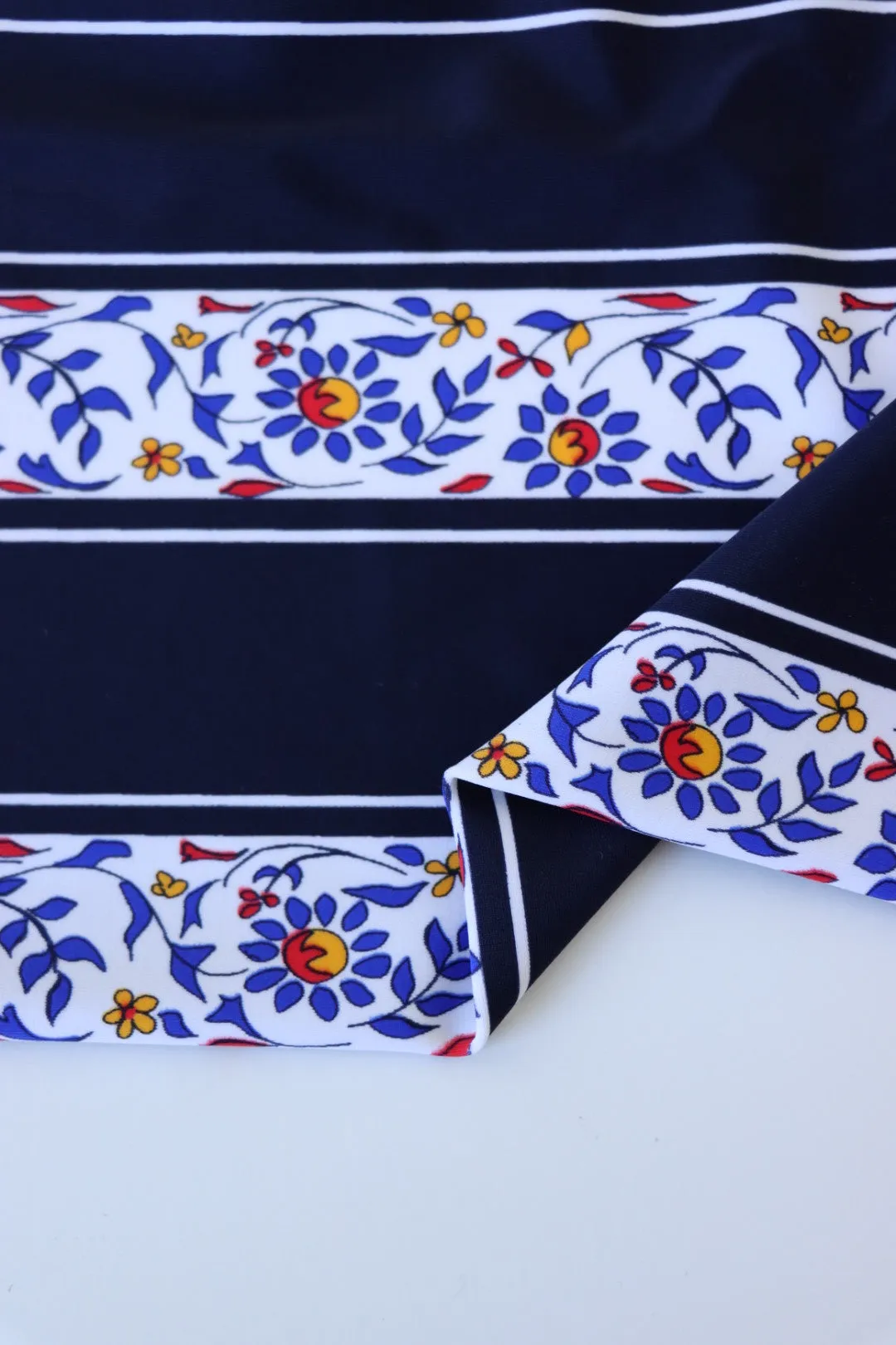 1YD PRECUT; Flower Stencil & Navy Stripe Nylon Spandex Tricot | Designer Deadstock