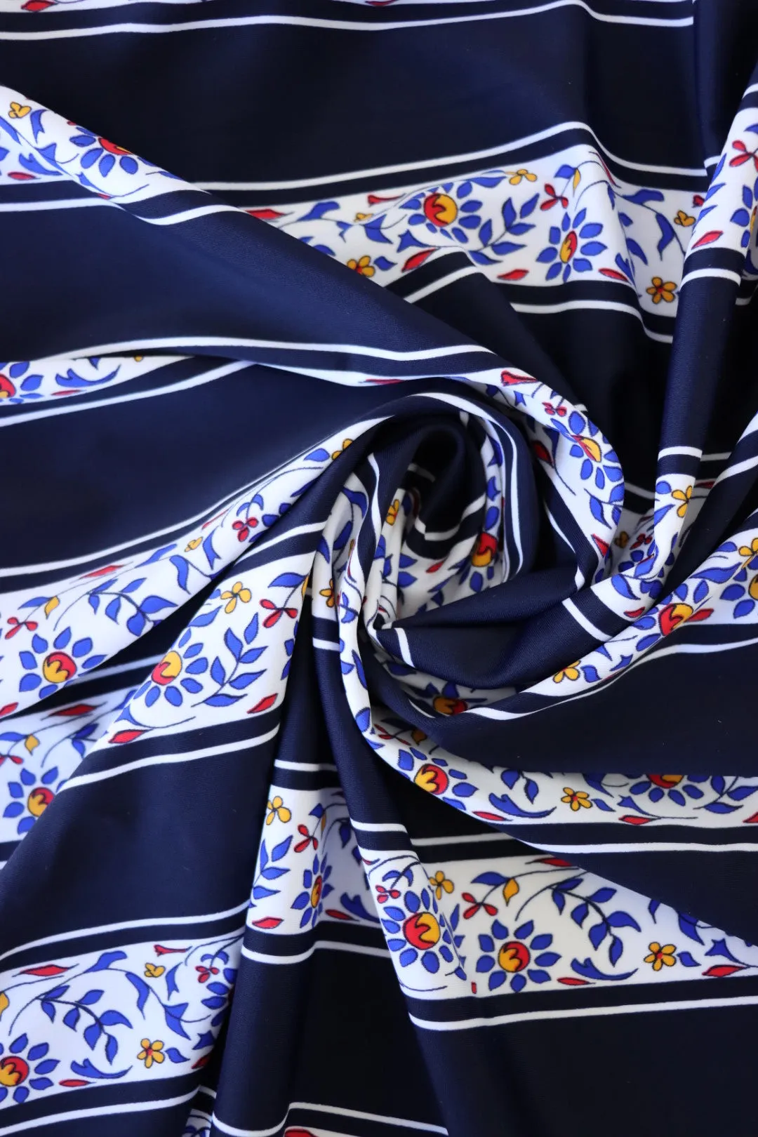 1YD PRECUT; Flower Stencil & Navy Stripe Nylon Spandex Tricot | Designer Deadstock