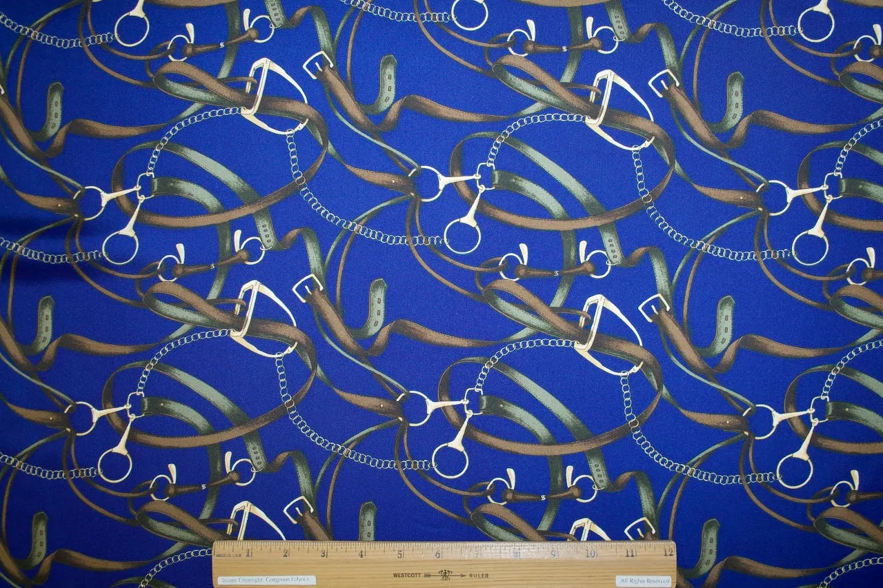 7/8 yard of Wide Equestrian Print Silk Twill - Browns/Greens on Royal Blue