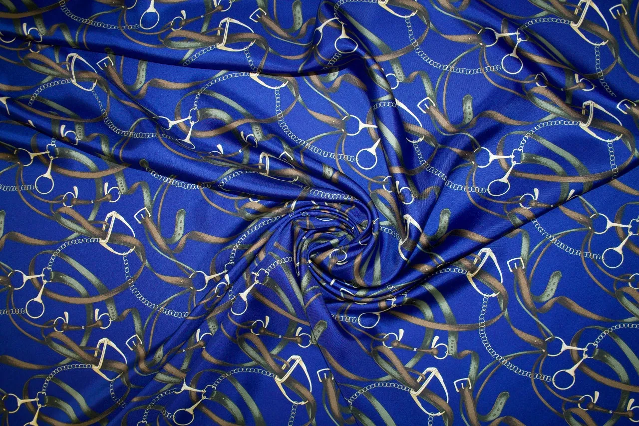 7/8 yard of Wide Equestrian Print Silk Twill - Browns/Greens on Royal Blue