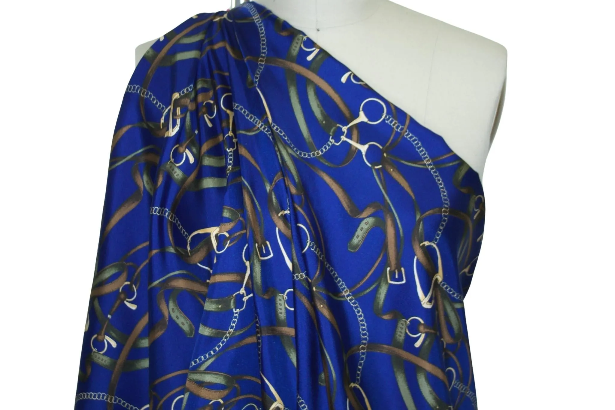 7/8 yard of Wide Equestrian Print Silk Twill - Browns/Greens on Royal Blue