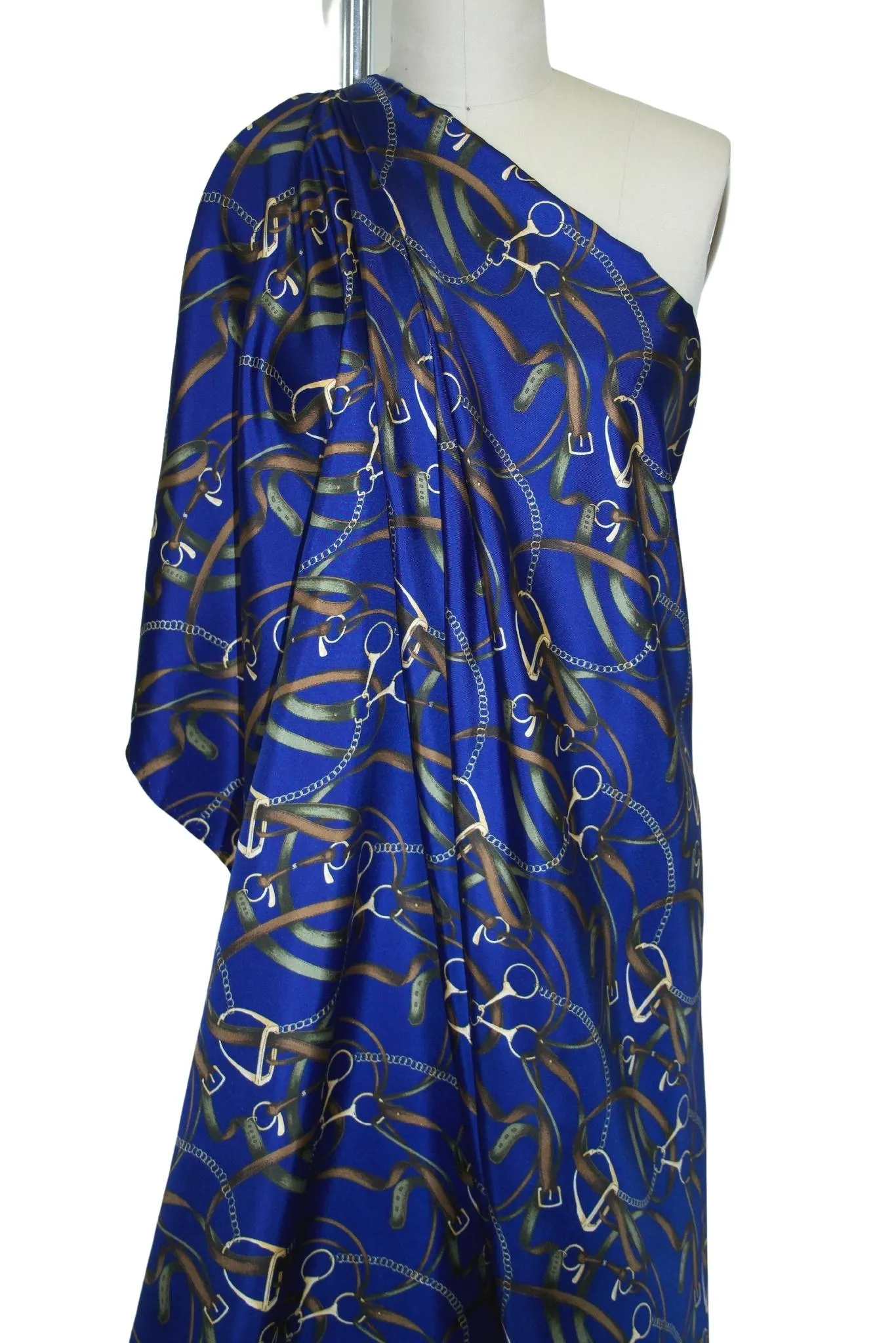 7/8 yard of Wide Equestrian Print Silk Twill - Browns/Greens on Royal Blue