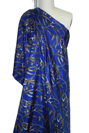 7/8 yard of Wide Equestrian Print Silk Twill - Browns/Greens on Royal Blue