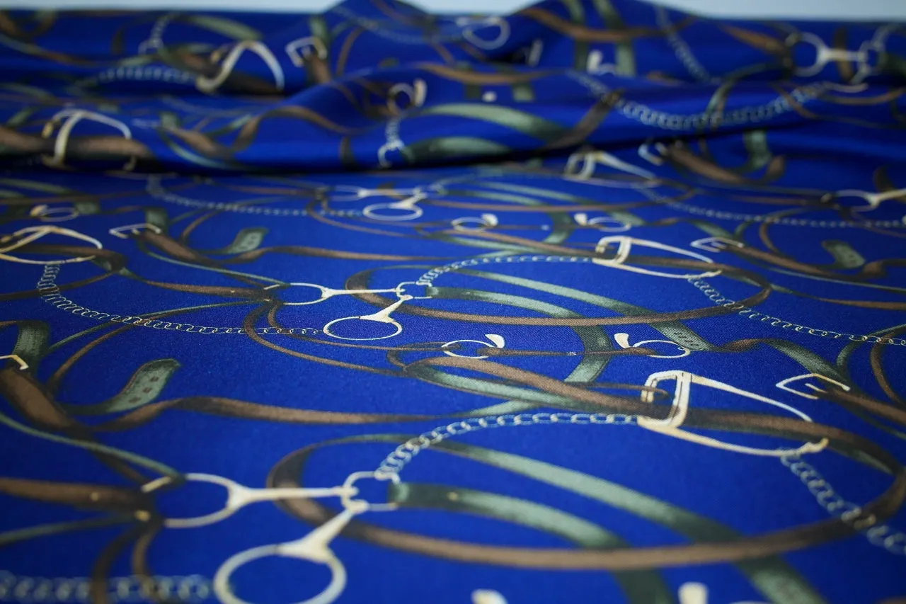 7/8 yard of Wide Equestrian Print Silk Twill - Browns/Greens on Royal Blue