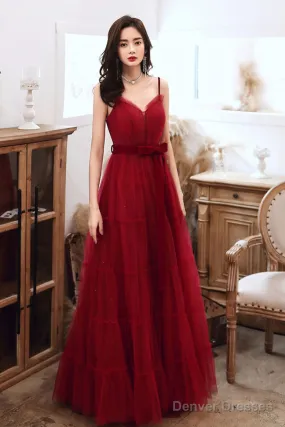 A-Line Burgundy Tulle Long Prom Dresses, Burgundy Formal Evening Dresses