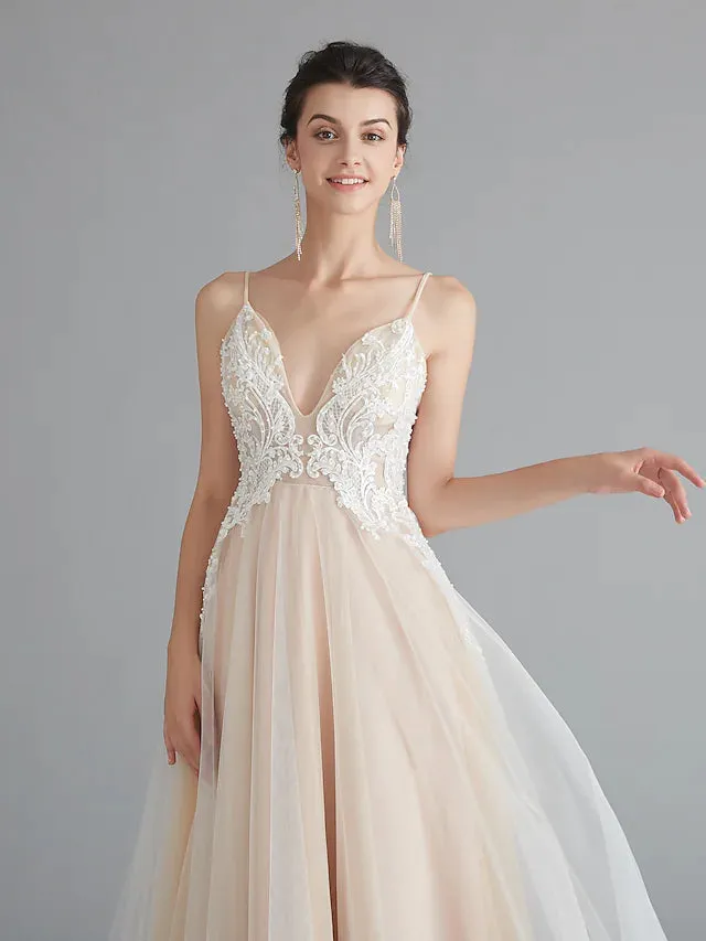 A-Line Prom Dresses Beautiful Back Dress Wedding Guest Sweep V Neck Lace with Beading