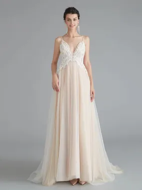 A-Line Prom Dresses Beautiful Back Dress Wedding Guest Sweep V Neck Lace with Beading