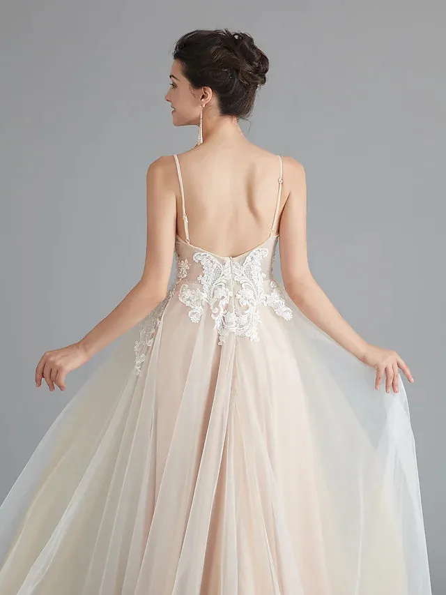 A-Line Prom Dresses Beautiful Back Dress Wedding Guest Sweep V Neck Lace with Beading