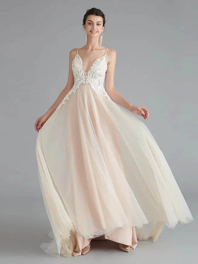 A-Line Prom Dresses Beautiful Back Dress Wedding Guest Sweep V Neck Lace with Beading