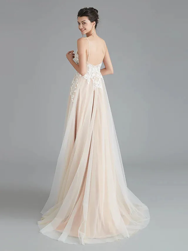 A-Line Prom Dresses Beautiful Back Dress Wedding Guest Sweep V Neck Lace with Beading
