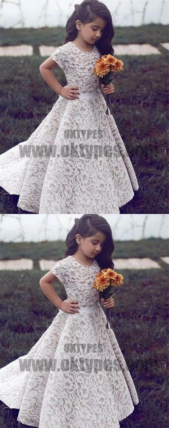 A-Line Round Neck Short Sleeves Sweep Train Ivory Lace Flower Girl Dresses, TYP0719
