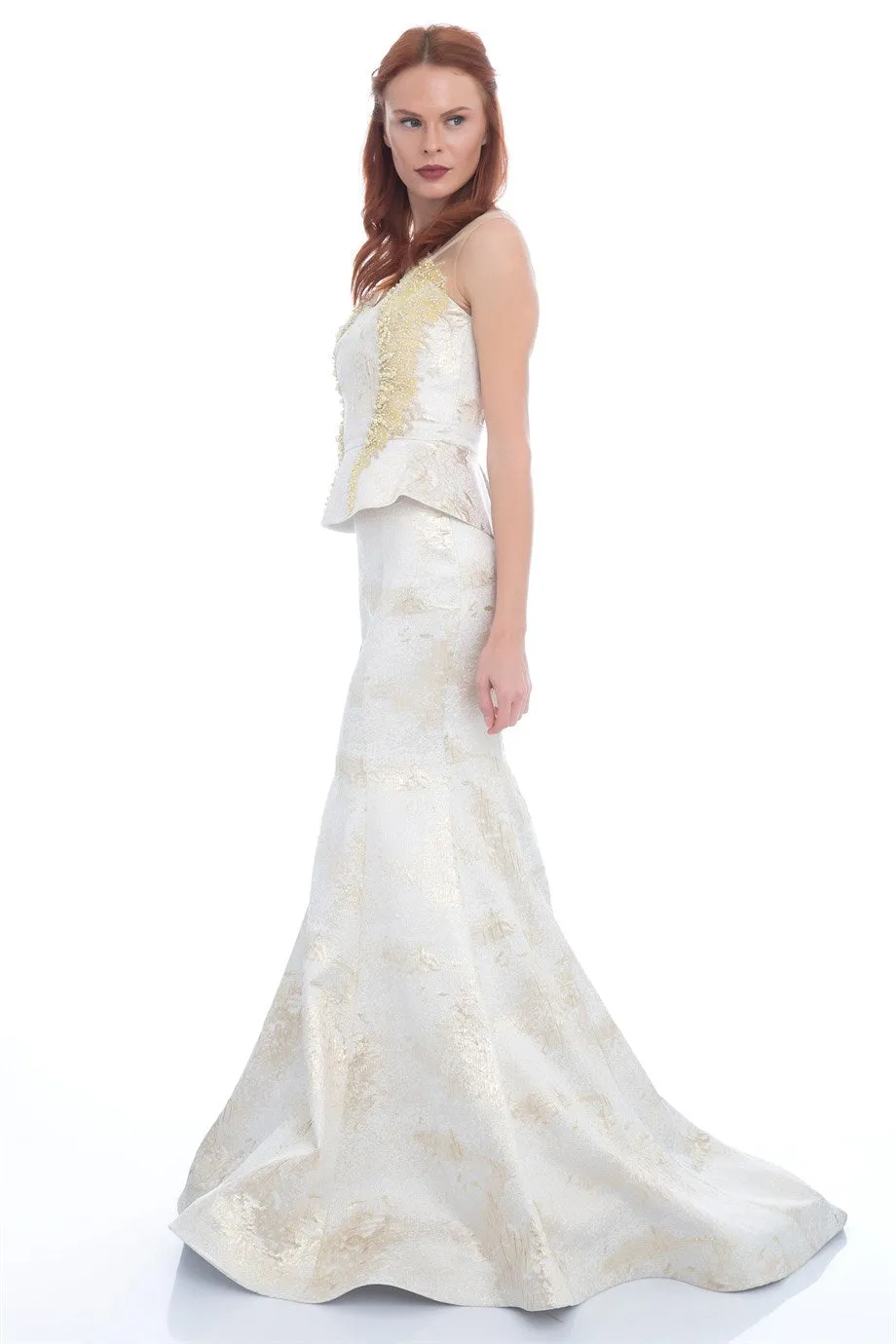 Angelino Ecru Jacquard Stone Bustier Team Evening Dress