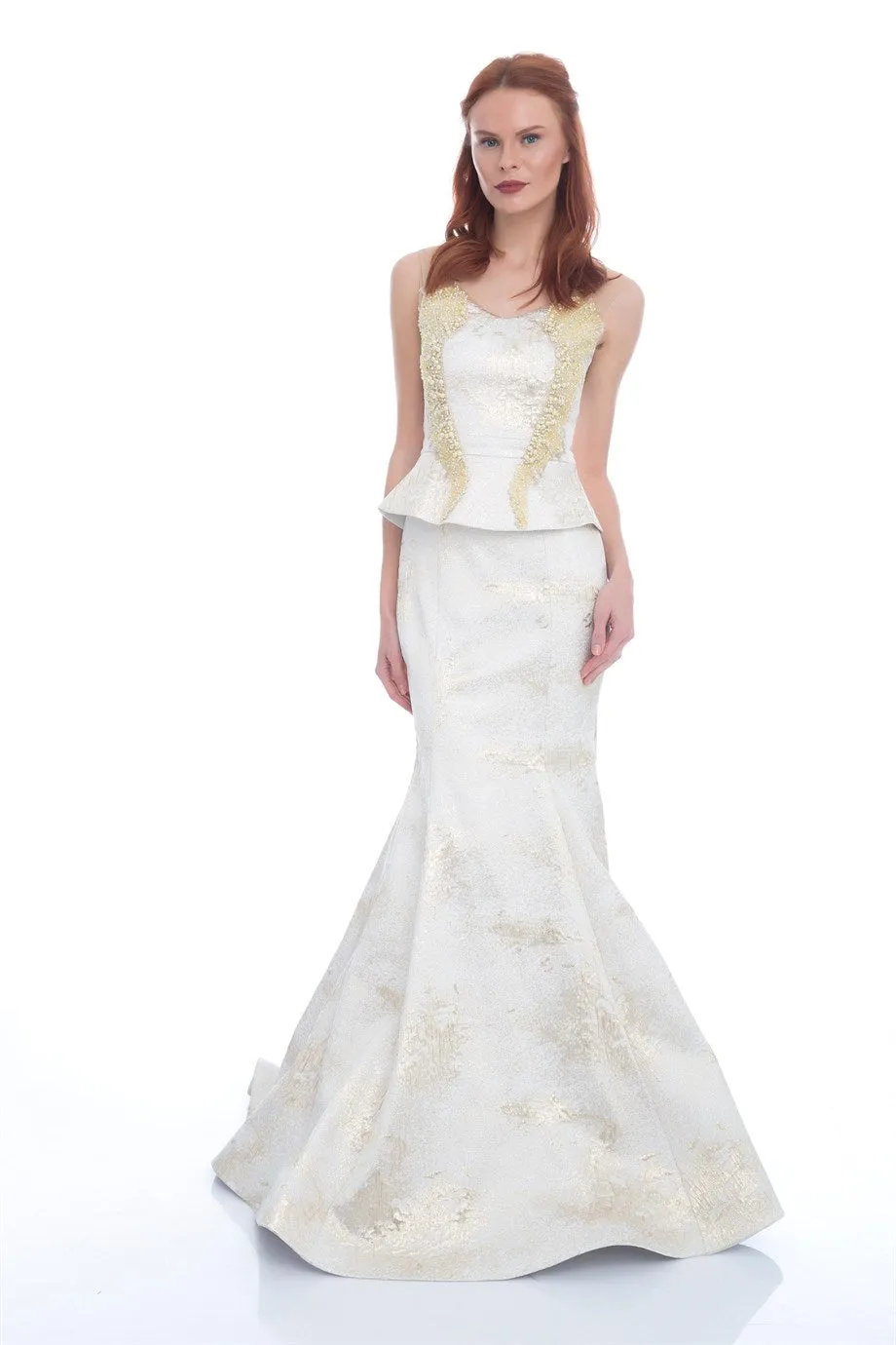 Angelino Ecru Jacquard Stone Bustier Team Evening Dress