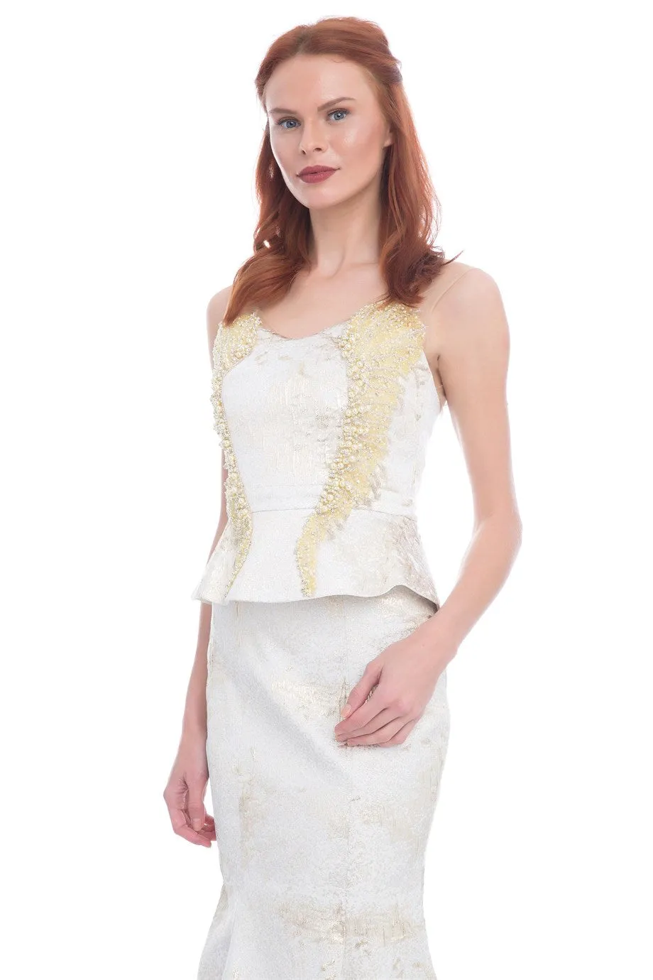 Angelino Ecru Jacquard Stone Bustier Team Evening Dress