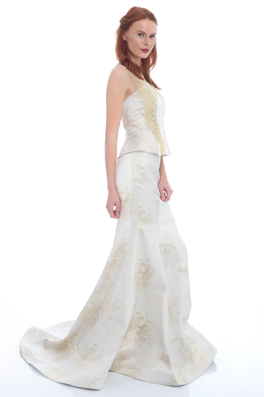 Angelino Ecru Jacquard Stone Bustier Team Evening Dress