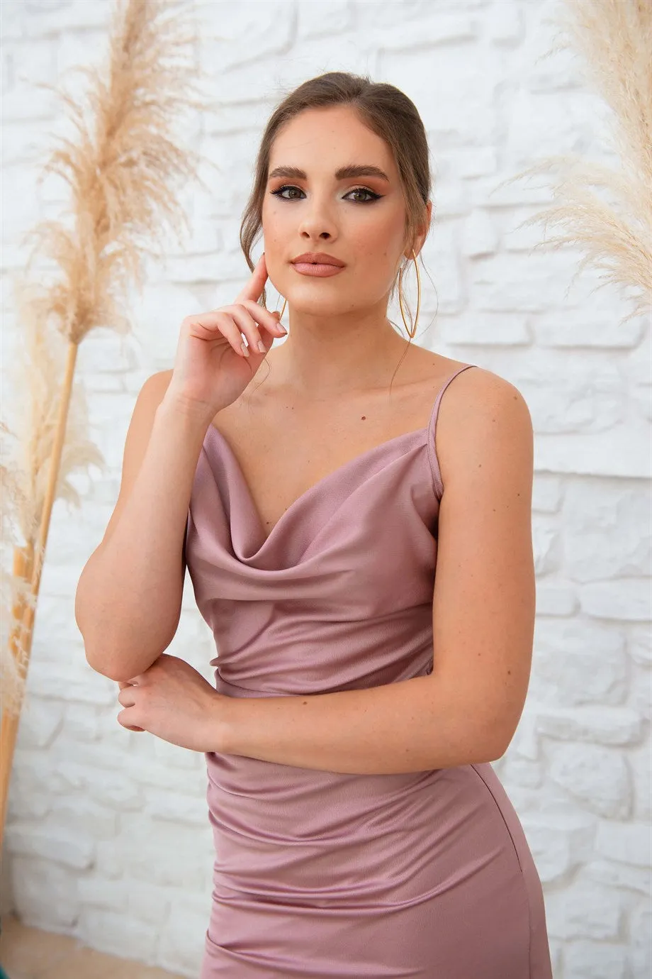 Angelino Powder Satin Hanger Degaje Yaka Short Evening Dress