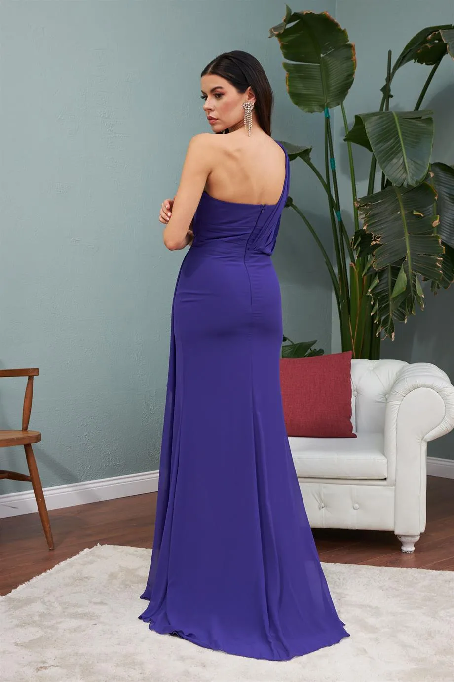Angelino Purple Chiffon One Shoulder Slit Long Evening Dress