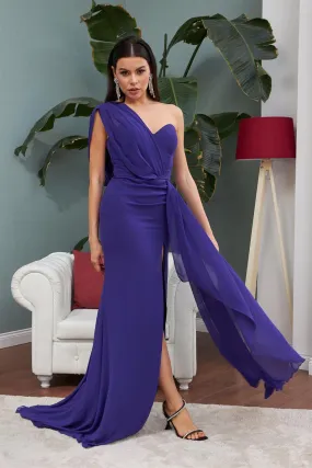 Angelino Purple Chiffon One Shoulder Slit Long Evening Dress
