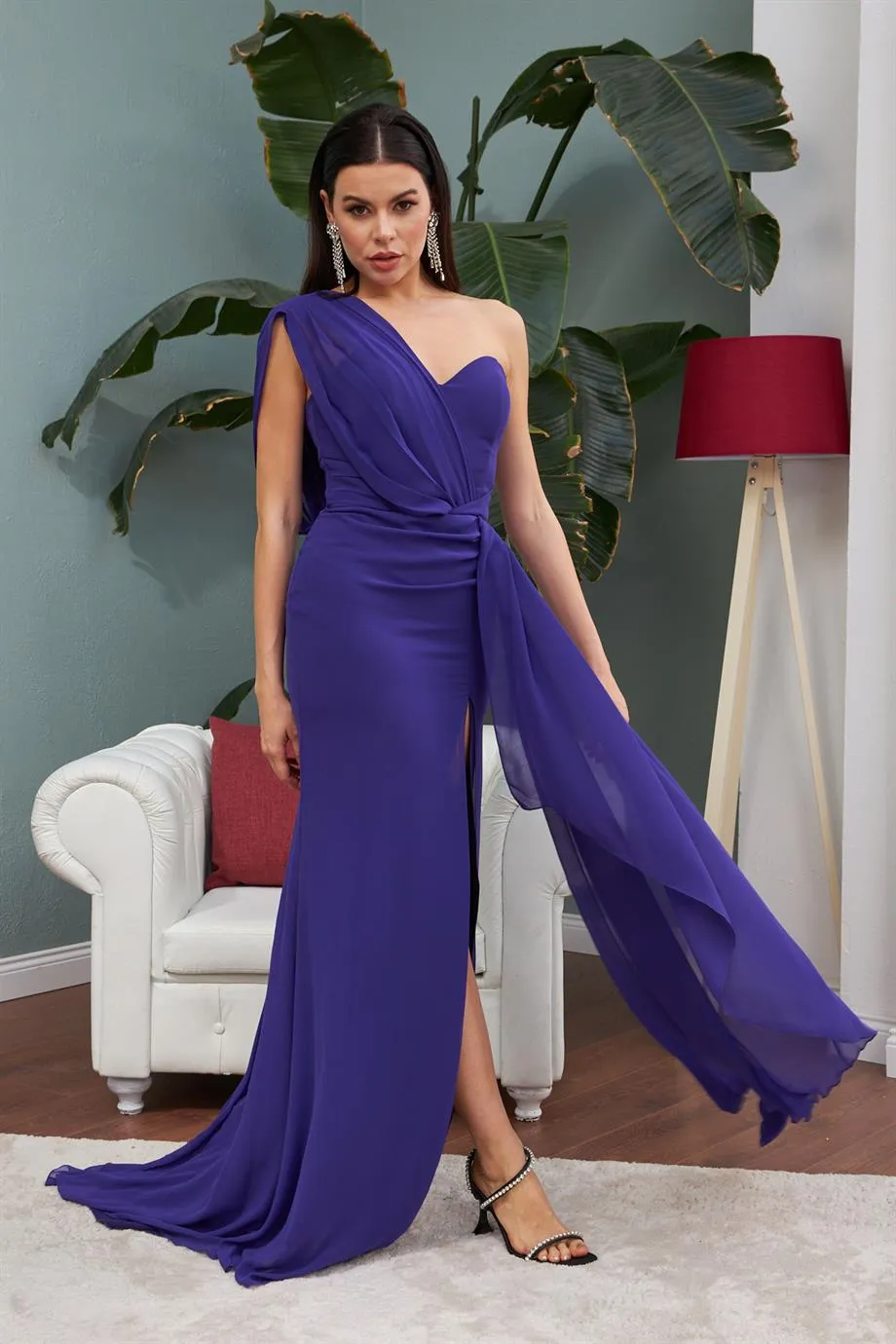 Angelino Purple Chiffon One Shoulder Slit Long Evening Dress