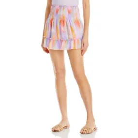 AQUA Ladies Bright Abstract Brushstroke Print Smocked Ruffle Skirt, NWT!