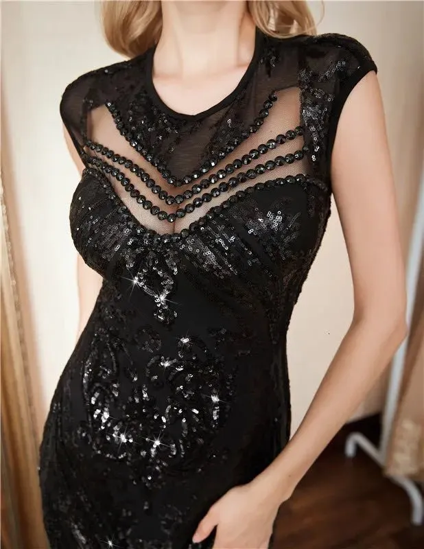 Areeba Black Sequin Long Maxi Dress