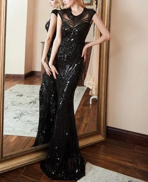 Areeba Black Sequin Long Maxi Dress