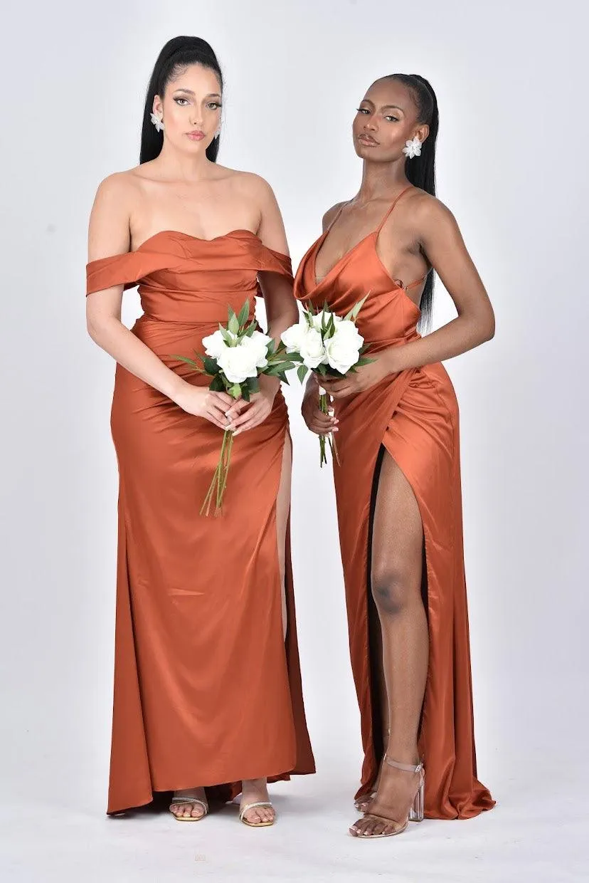 AVERY Satin Off Shoulder Cowl Neck Bridesmaids Maxi Dress with Side Split - Rust/Burnt Orange