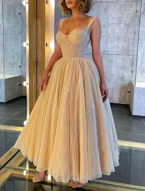 Ball Gown Prom Dresses Formal Women's Dresses Wedding Guest Wedding Party Ankle Length Sleeveless Spaghetti Strap Tulle with Glitter Sequin