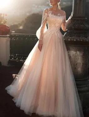 Beach Fall Wedding Dresses in Color Fall Wedding Dresses A-Line Illusion Neck Long Sleeve Sweep / Brush Train Lace Bridal Gowns With Embroidery Appliques Summer Wedding Party, Women's Clothing