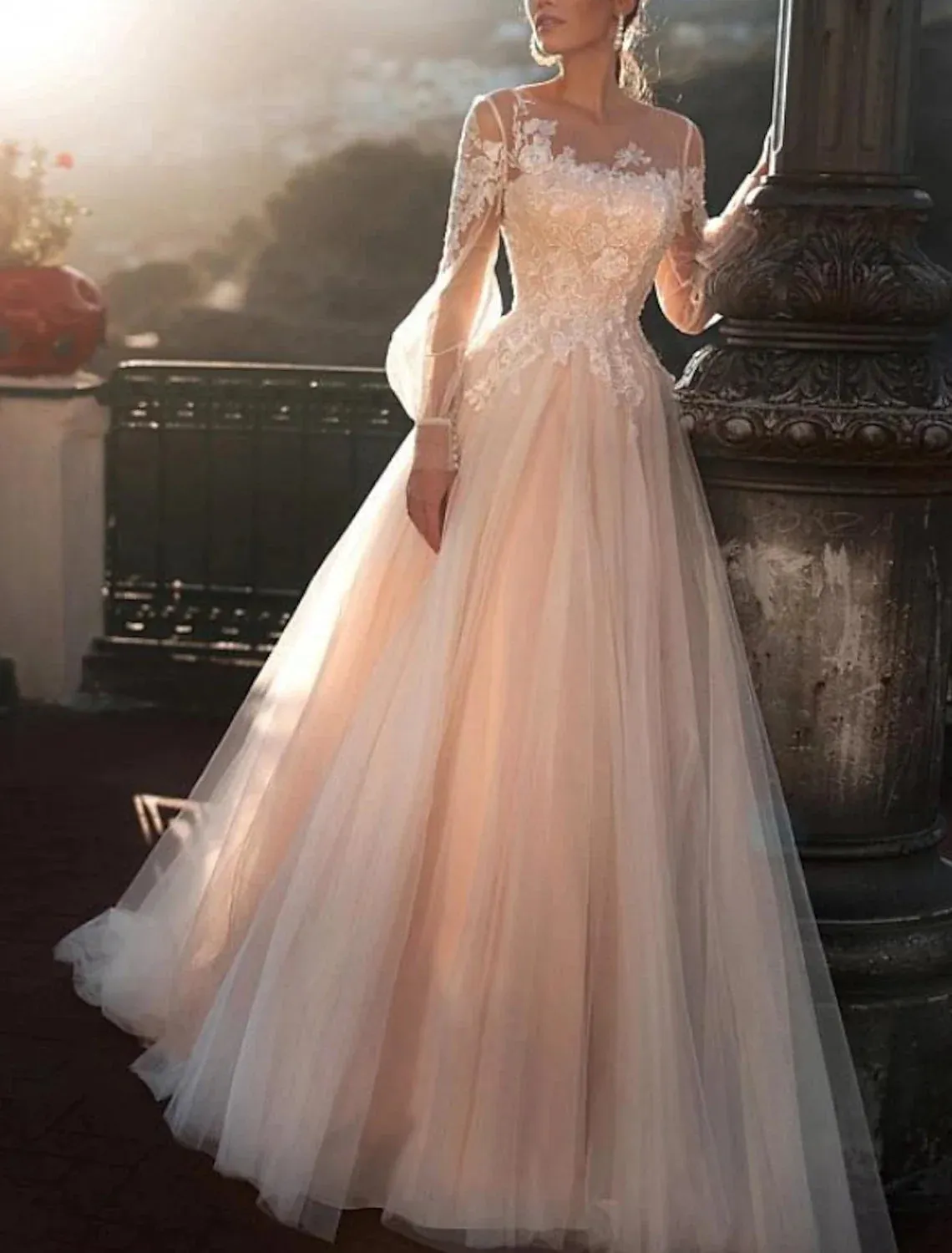 Beach Fall Wedding Dresses in Color Fall Wedding Dresses A-Line Illusion Neck Long Sleeve Sweep / Brush Train Lace Bridal Gowns With Embroidery Appliques Summer Wedding Party, Women's Clothing
