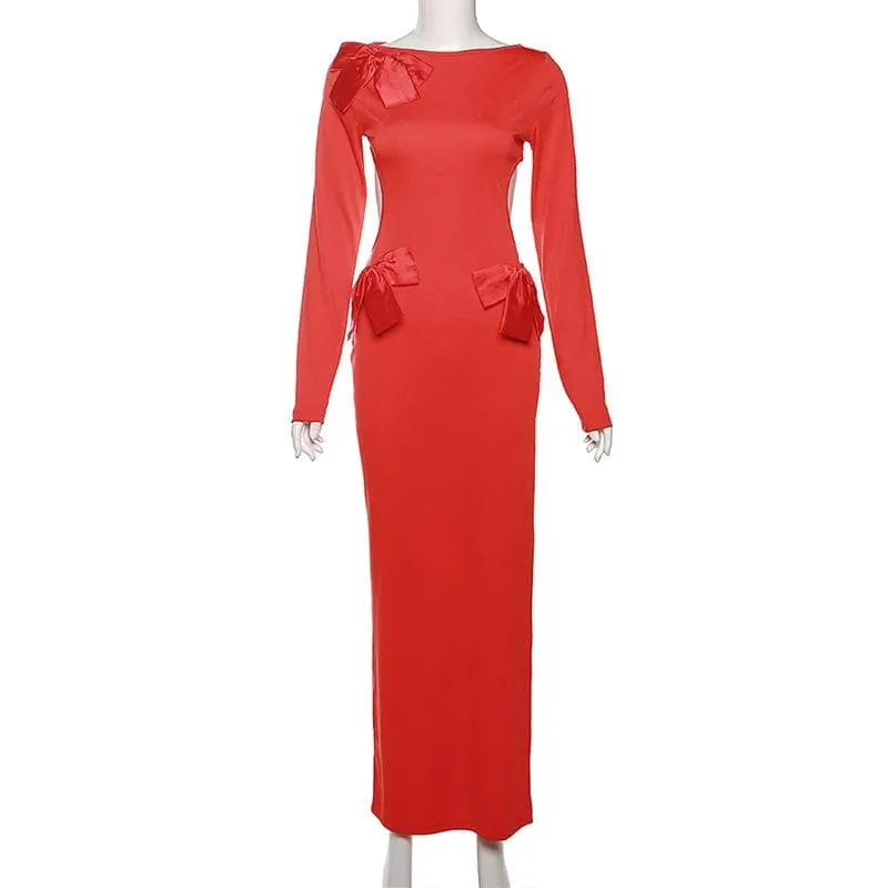 BerryBetty - Bowknot backless hollow out solid long sleeve maxi dress