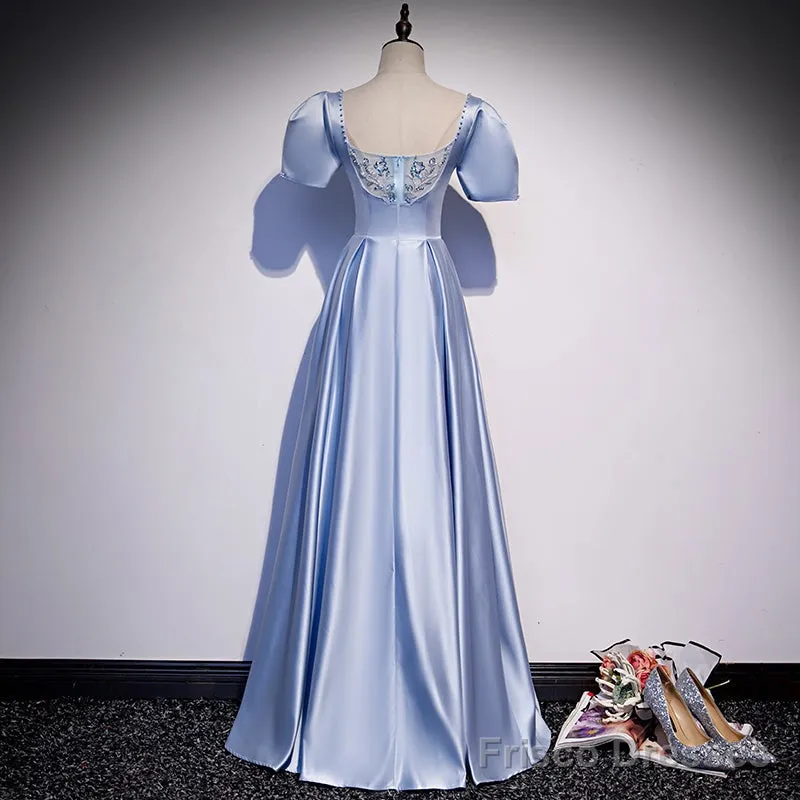 Blue Satin Beaded A-Line Long Party Dress, Blue Prom Party Dresses Formal Dress