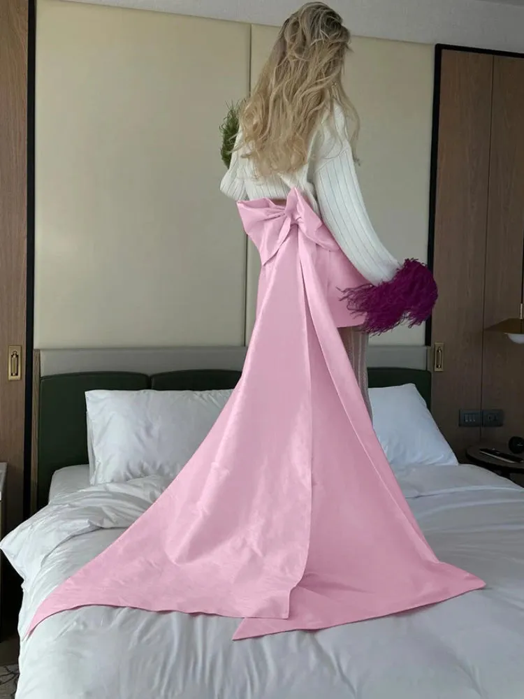Bow Splice Mini New Pink Temperament Sheath Party Elegant Satin Skirt