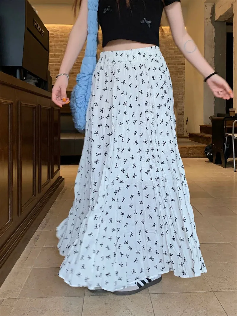 Bows Print Elastic Waist Holiday Casual Big Swing Summer Chic Maxi Skirt