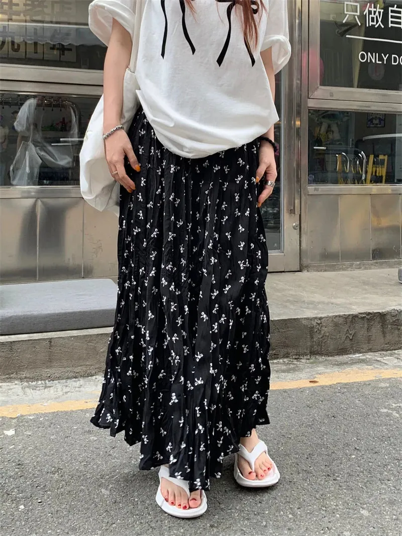 Bows Print Elastic Waist Holiday Casual Big Swing Summer Chic Maxi Skirt