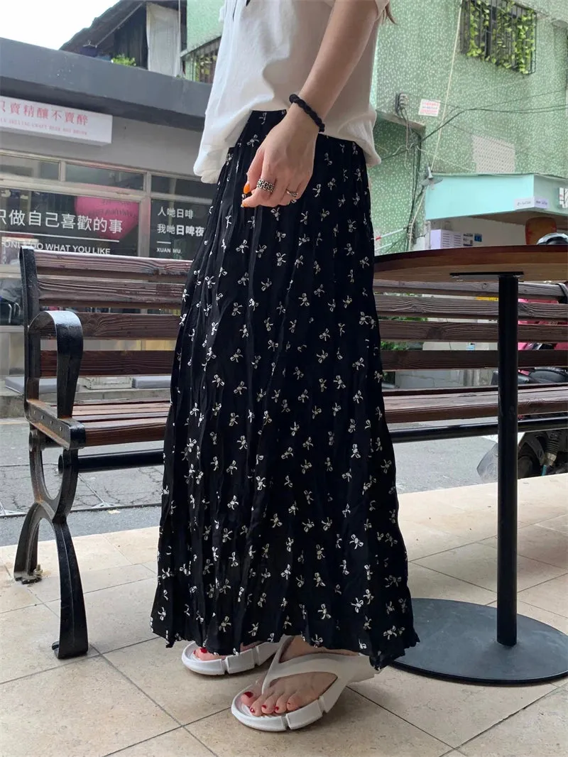 Bows Print Elastic Waist Holiday Casual Big Swing Summer Chic Maxi Skirt
