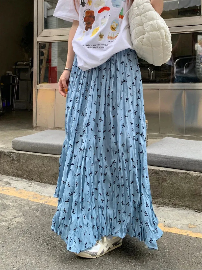 Bows Print Elastic Waist Holiday Casual Big Swing Summer Chic Maxi Skirt