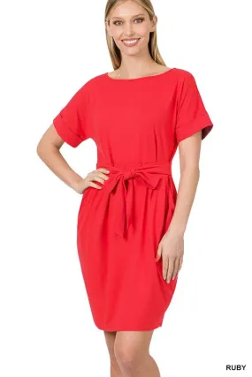Brushed Tie-Belt Dress